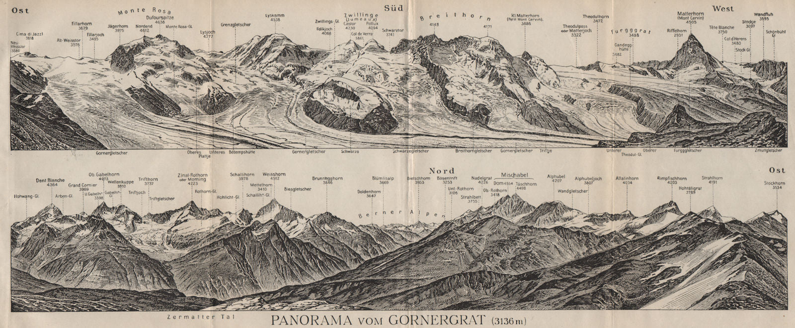 GORNERGRAT PANORAMA. Zermatt Monte Rosa Breithorn Matterhorn Mischabel 1909 map